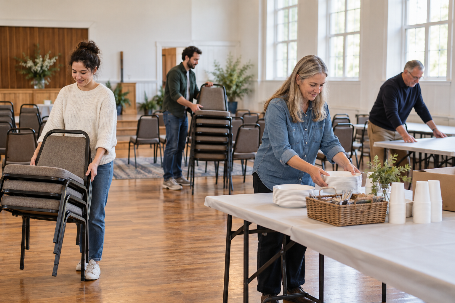 Volunteers preparing chairs and supplies in a community hall