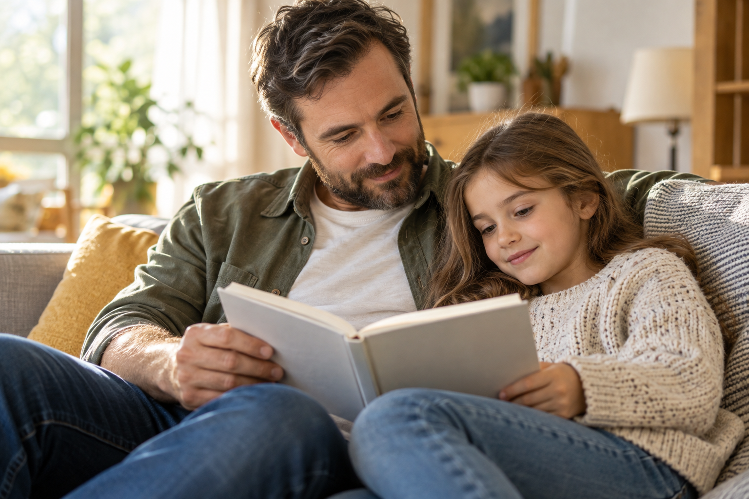 A parent and child reading a book together at home