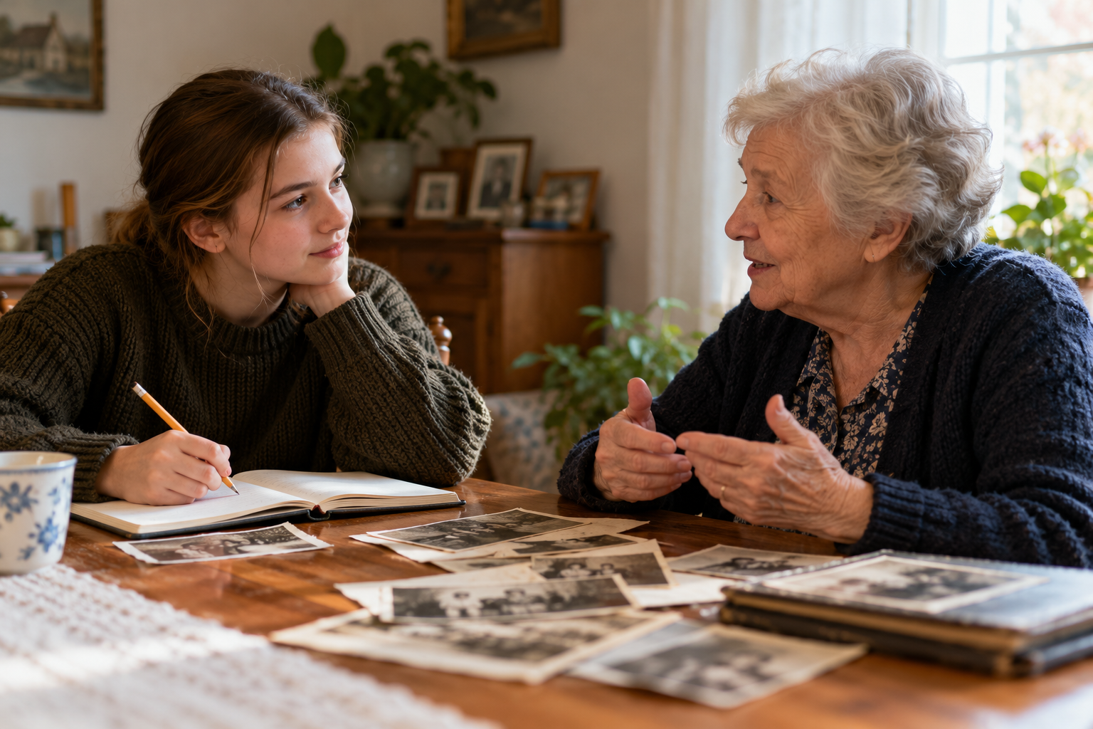 A young person interviewing an older relative with a notebook