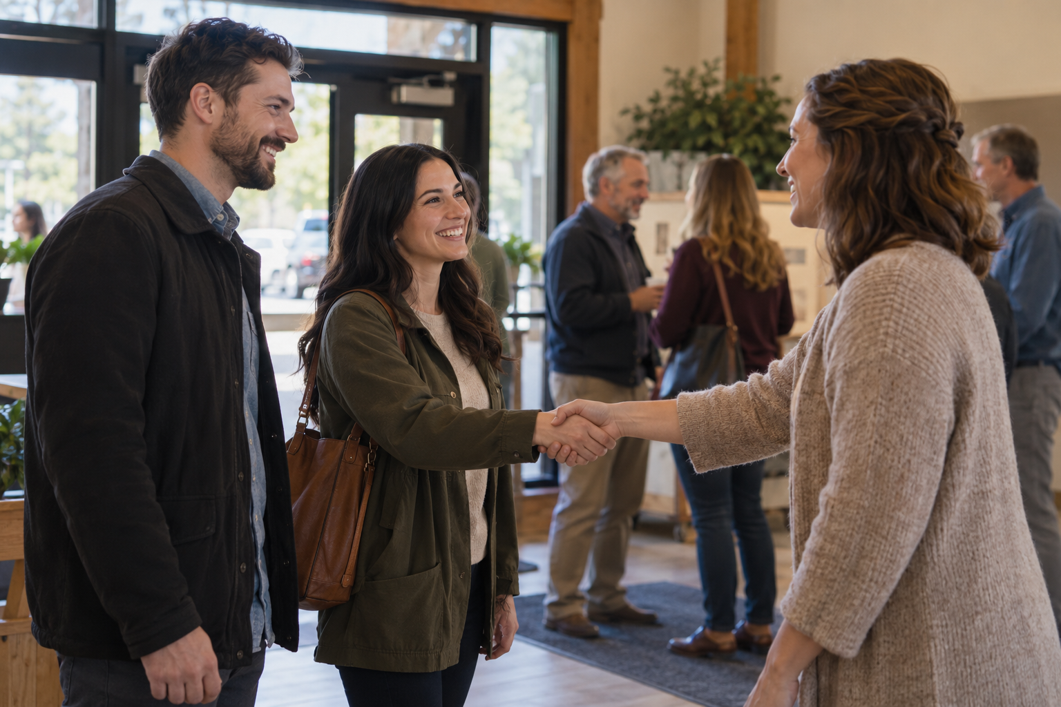 A host welcoming two newcomers to a community gathering