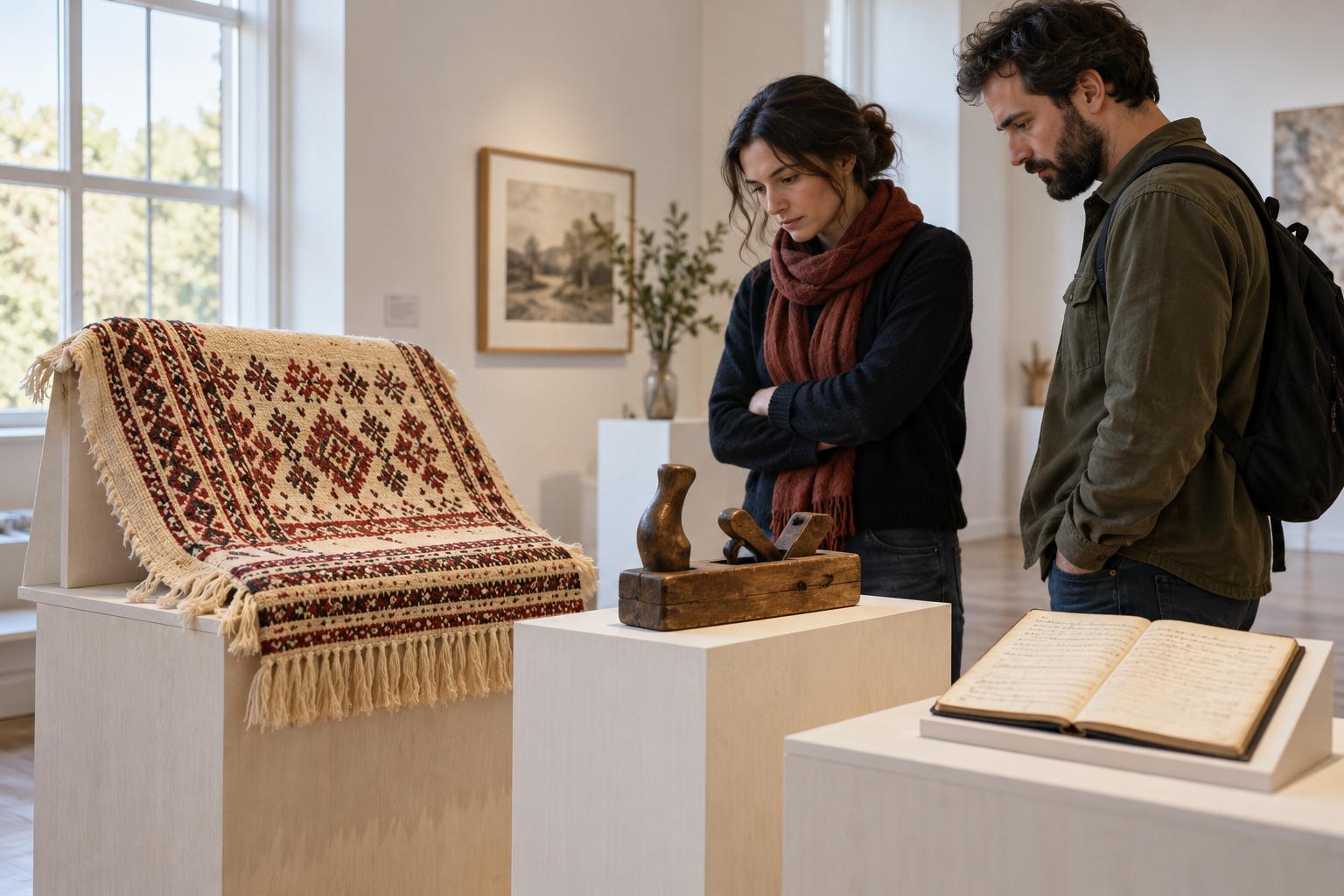 Visitors viewing textiles tools and a notebook in a small exhibition