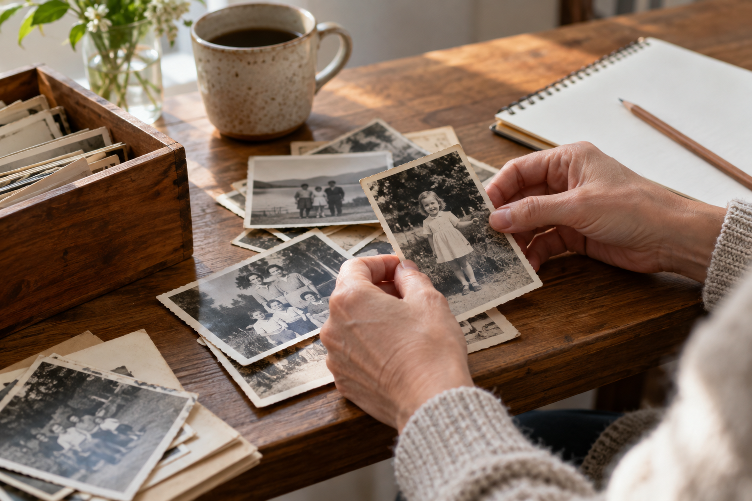 Hands organizing old family photographs beside a notebook
