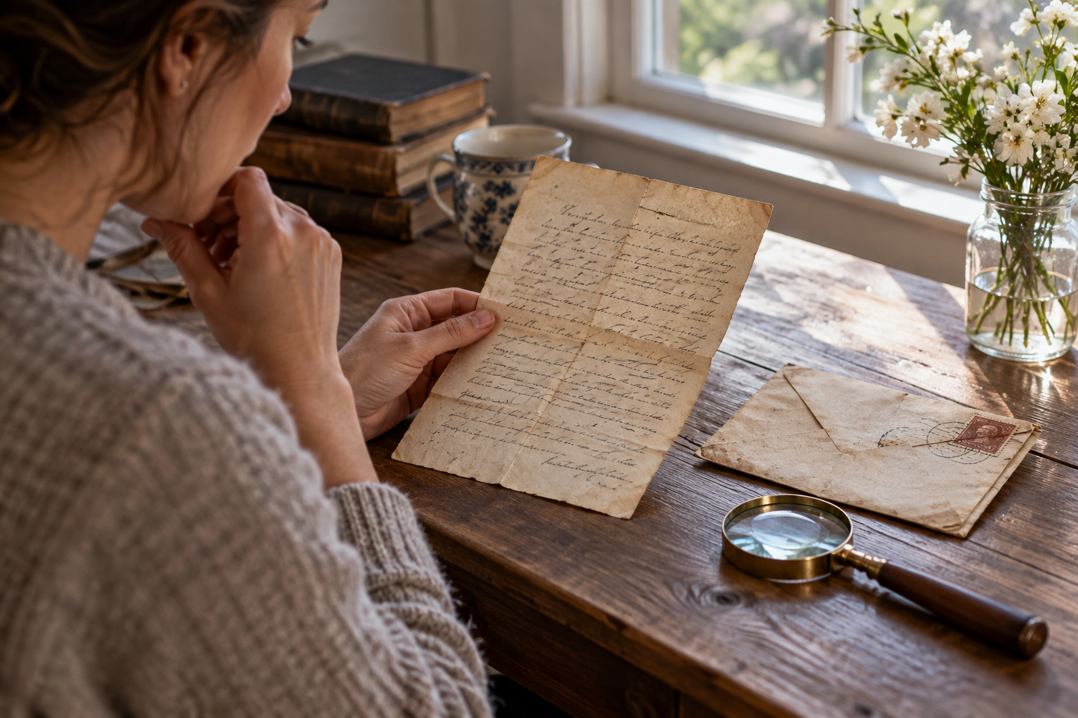 A person studying an old handwritten letter and envelope