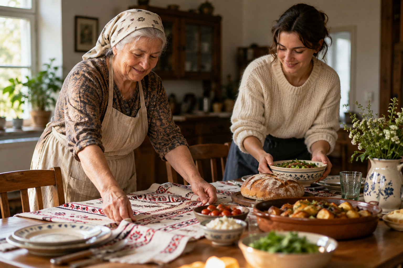 Two generations preparing a family meal together