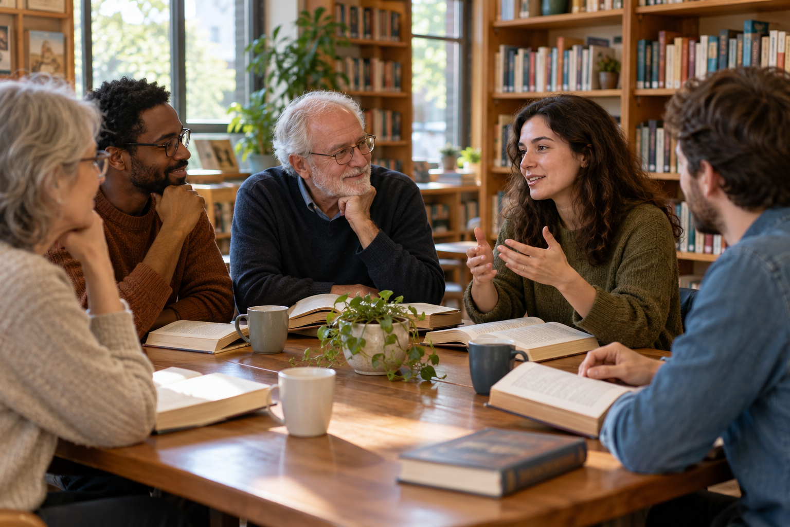 Adults of different generations discussing books in a library